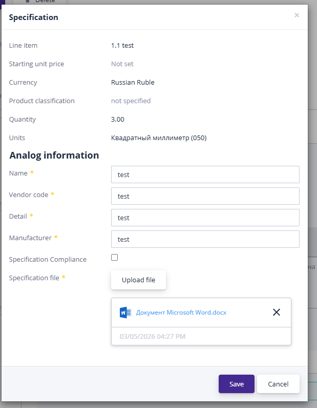 Adding a specification