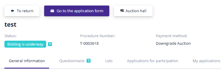 Auction Hall page for the selected procedure