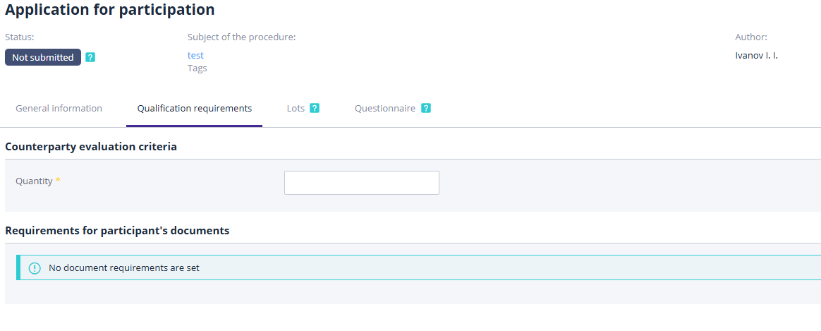 Filling qualification requirements when creating a participation application