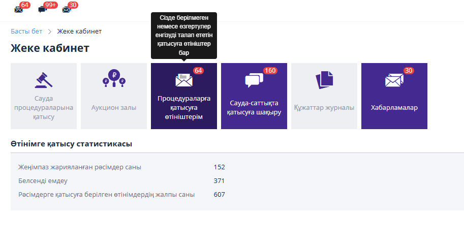 Пункт меню «Заявки на участие в процедурах»