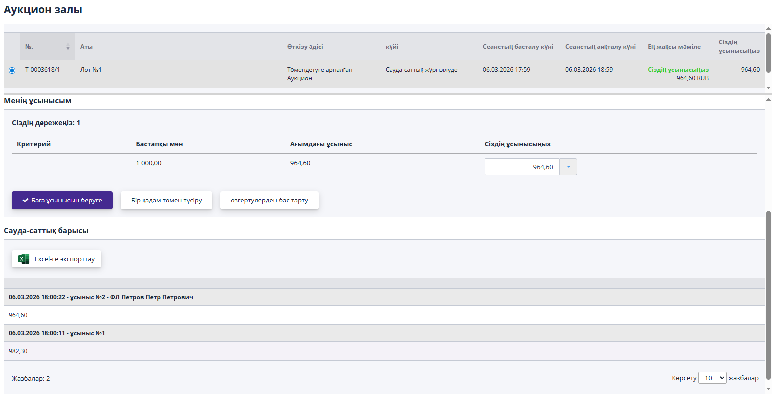 «Аукцион залы» беті