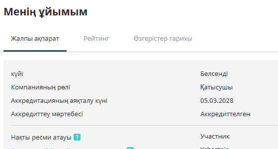 «Менің ұйымым» бетіндегі мәліметтер